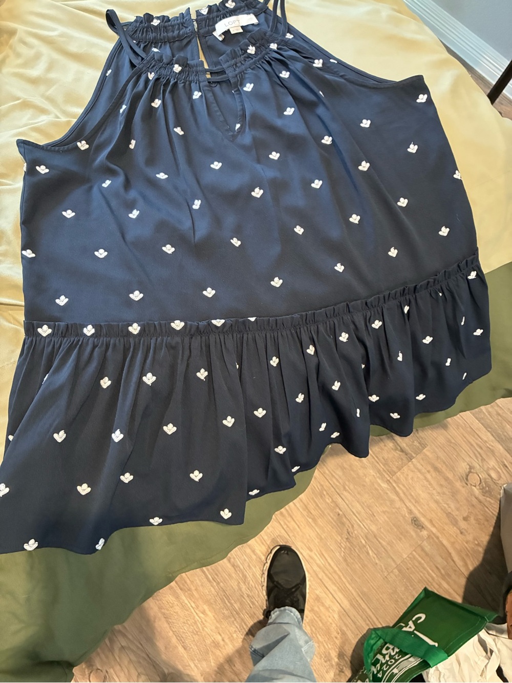 Loft sleeveless Navy Embroidered Ruffle Hem Shirt